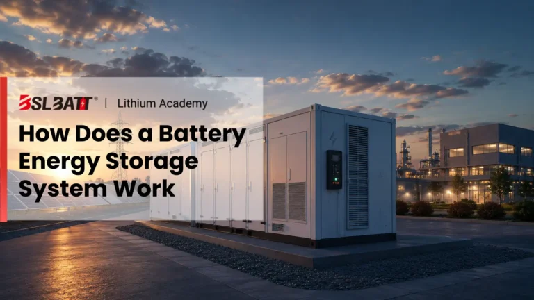 Illustration showing how a battery energy storage system works by storing electricity from solar panels or the grid and delivering power to buildings, industrial facilities, and electric vehicle charging stations.