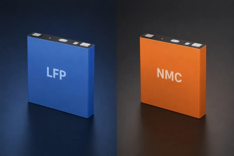Side-by-side comparison of LFP and NMC battery cells showing differences in battery chemistry for cycle life, safety, energy density, and cost.
